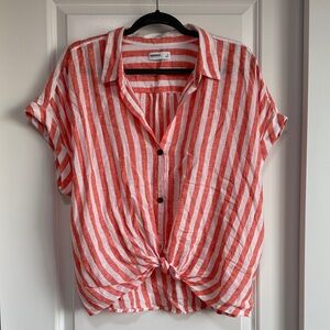Coral and White Hirt Striped Button Down Top